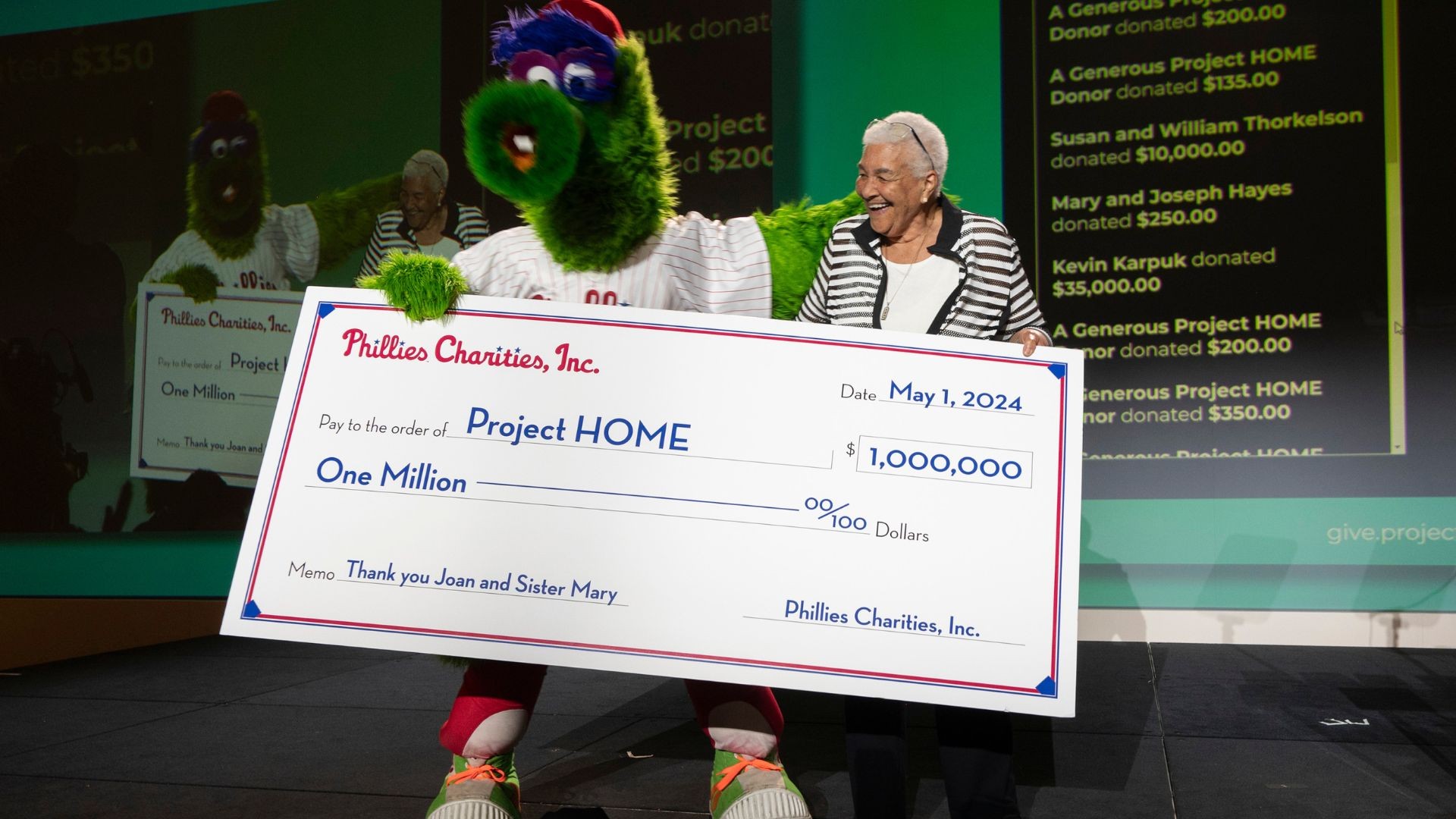 The Phillie Phanatic holds a ceremonial check for one million dollars