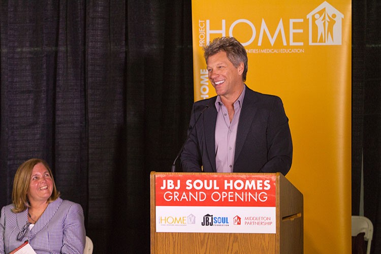 Jon Bon Jovi speaking at the grand opening of Project HOME's JBJ Soul Homes affordable, supportive residence.