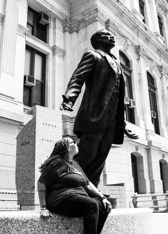 Carol Thomas in front of The Octavius V. Catto Memorial