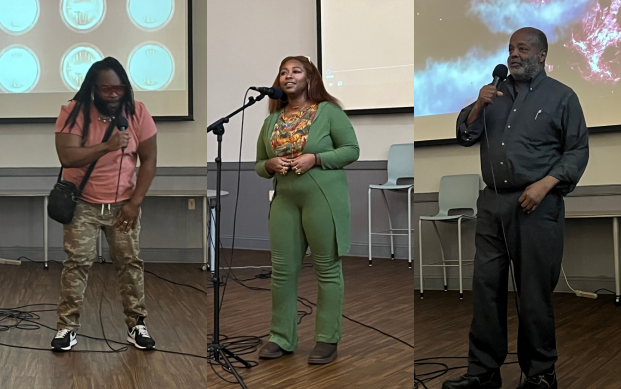 Twinkie Bear (left), Nubiaa Heru (center), and Ted (right) rock the mics during the Audio Winter Workshop.