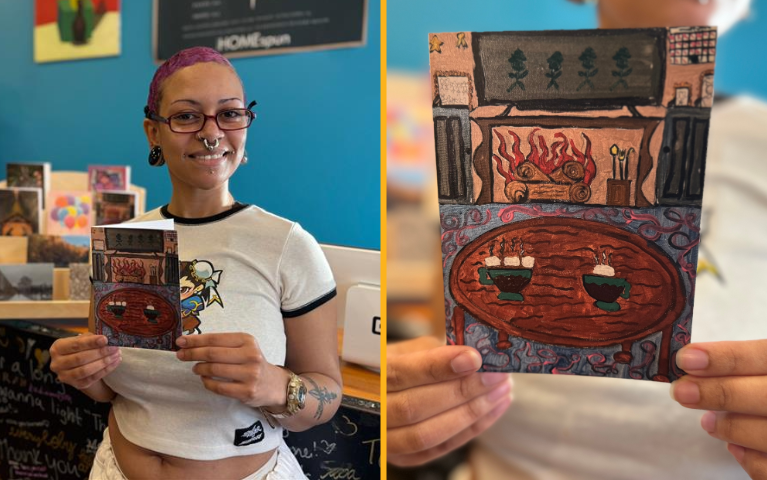Brandi smiles alongside her winning holiday card artwork.