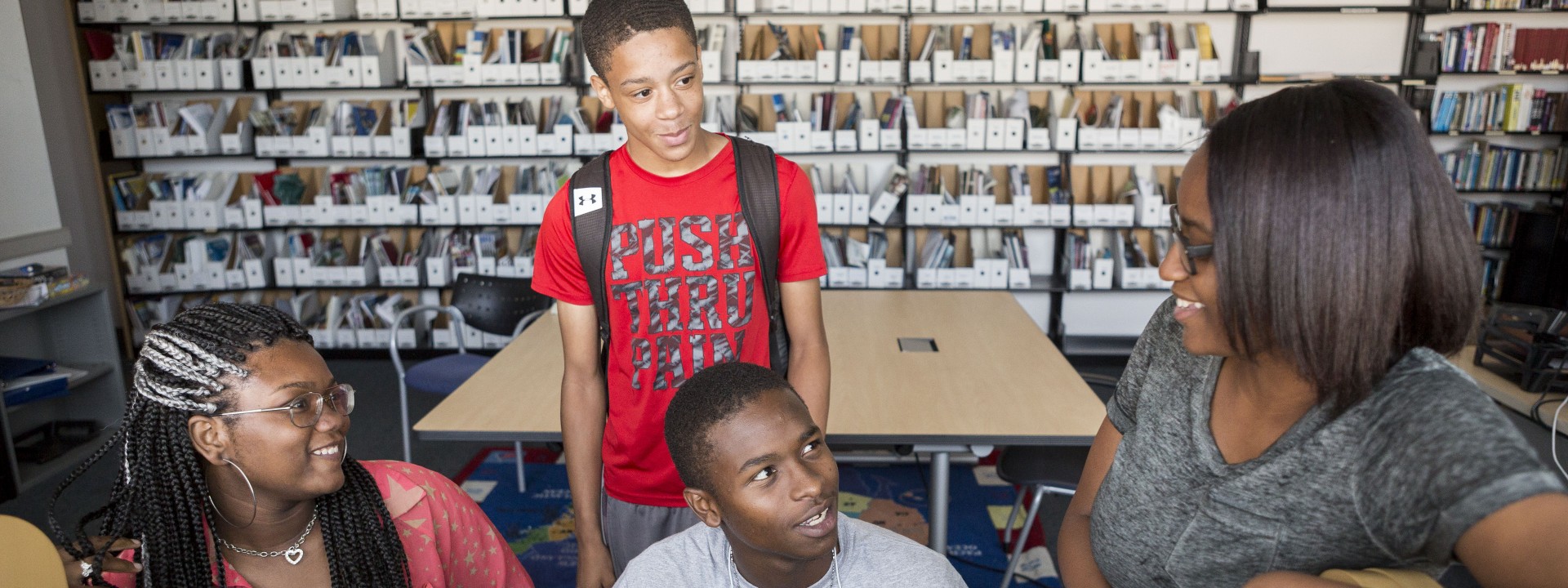 High school students discussing college options at the Honickman Learning Center Comcast Technology Labs