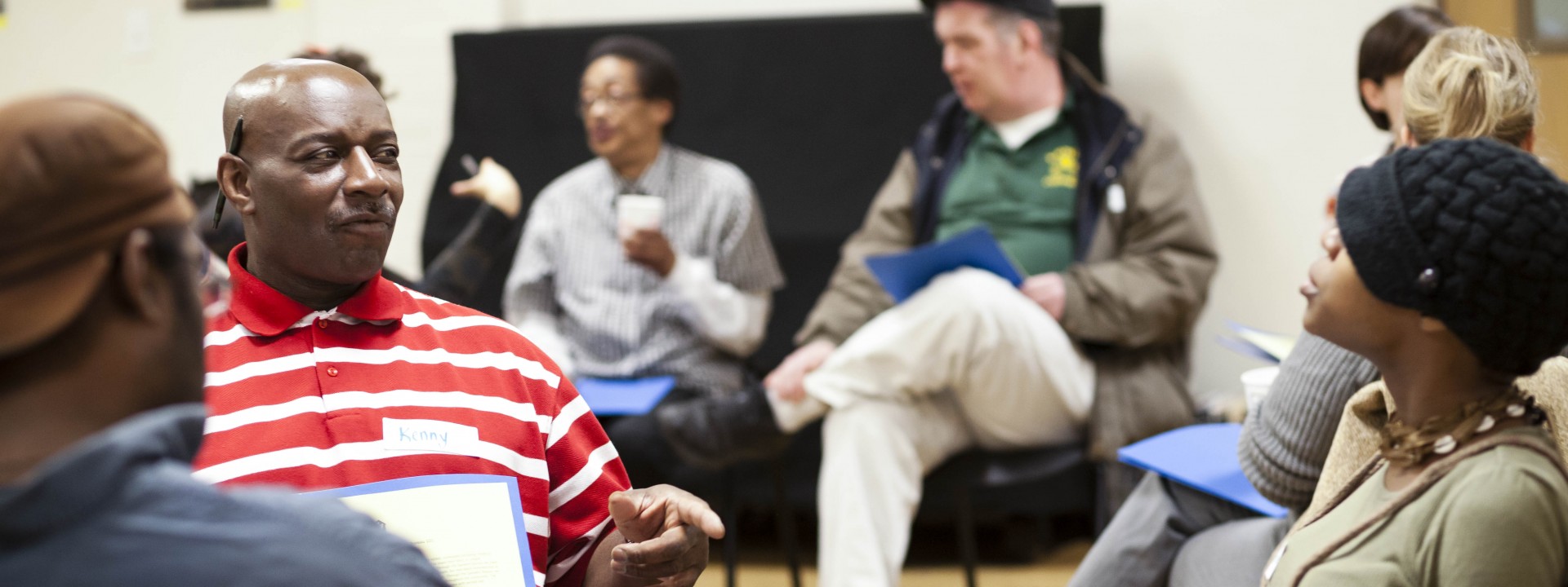 People sharing stories during a session of Project HOME's Speakers Bureau
