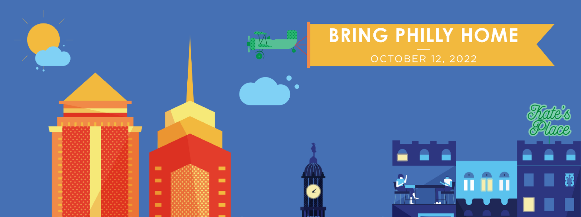 A cartoon cityscape with an airplane flying a banner that reads bring philly home