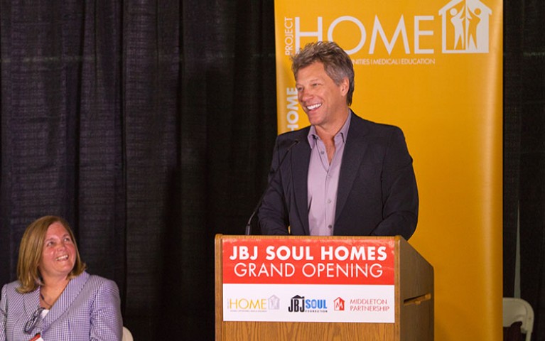 Jon Bon Jovi speaking at the grand opening of Project HOME's JBJ Soul Homes affordable, supportive residence.