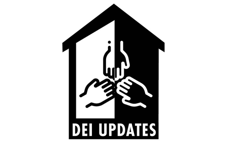 A graphic with three hands pointing toward each other with the words DEI updates underneath. The graphic is in black and white and they're inside a house. DEI stands for diversity, equity and inclusion.