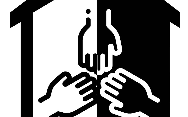 A graphic with three hands pointing toward each other with the words DEI updates underneath. The graphic is in black and white and they're inside a house. DEI stands for diversity, equity and inclusion.