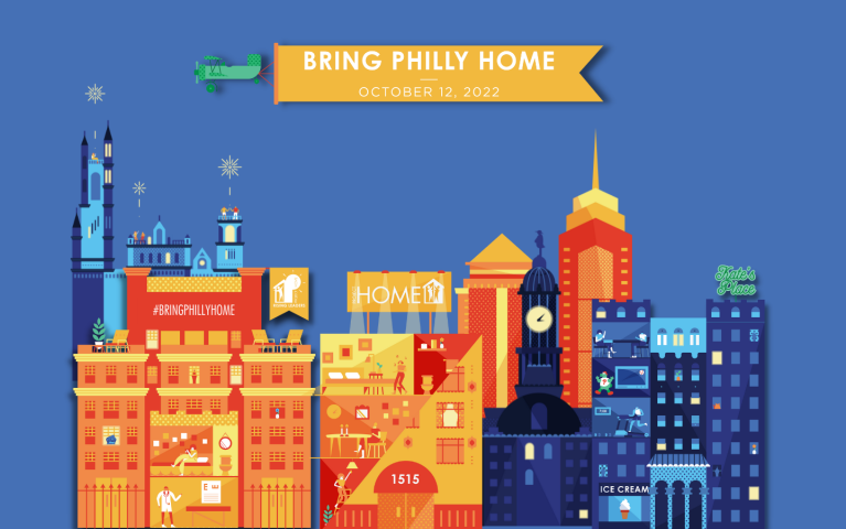 Bring Philly HOME 2022 graphic containing versions of Project HOME buildings