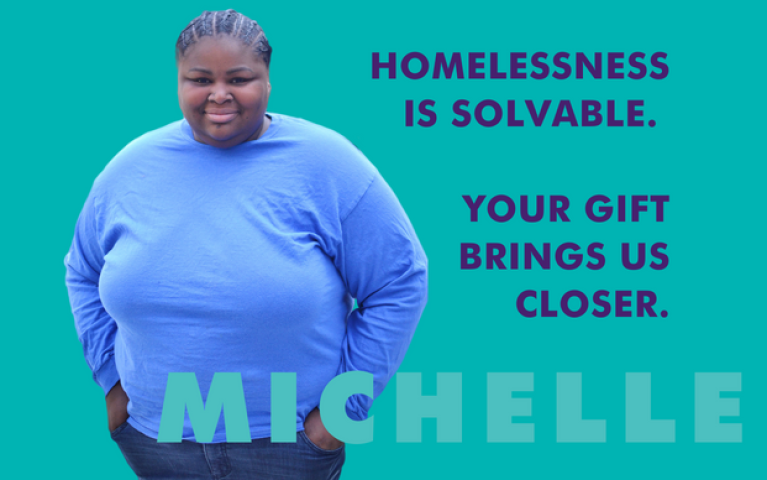 A graphic featuring Project HOME resident Michelle