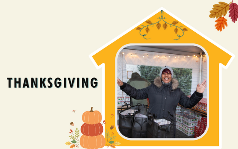 Graphic with Thanksgiving iconography and a woman smiling