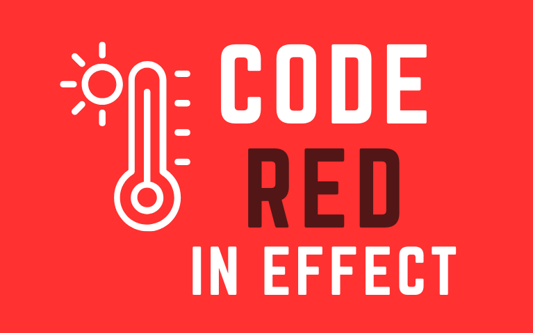 Red graphic with text that reads code red in effect