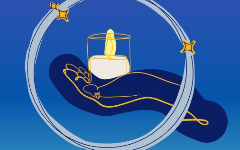 Graphic of hand holding a votive candle