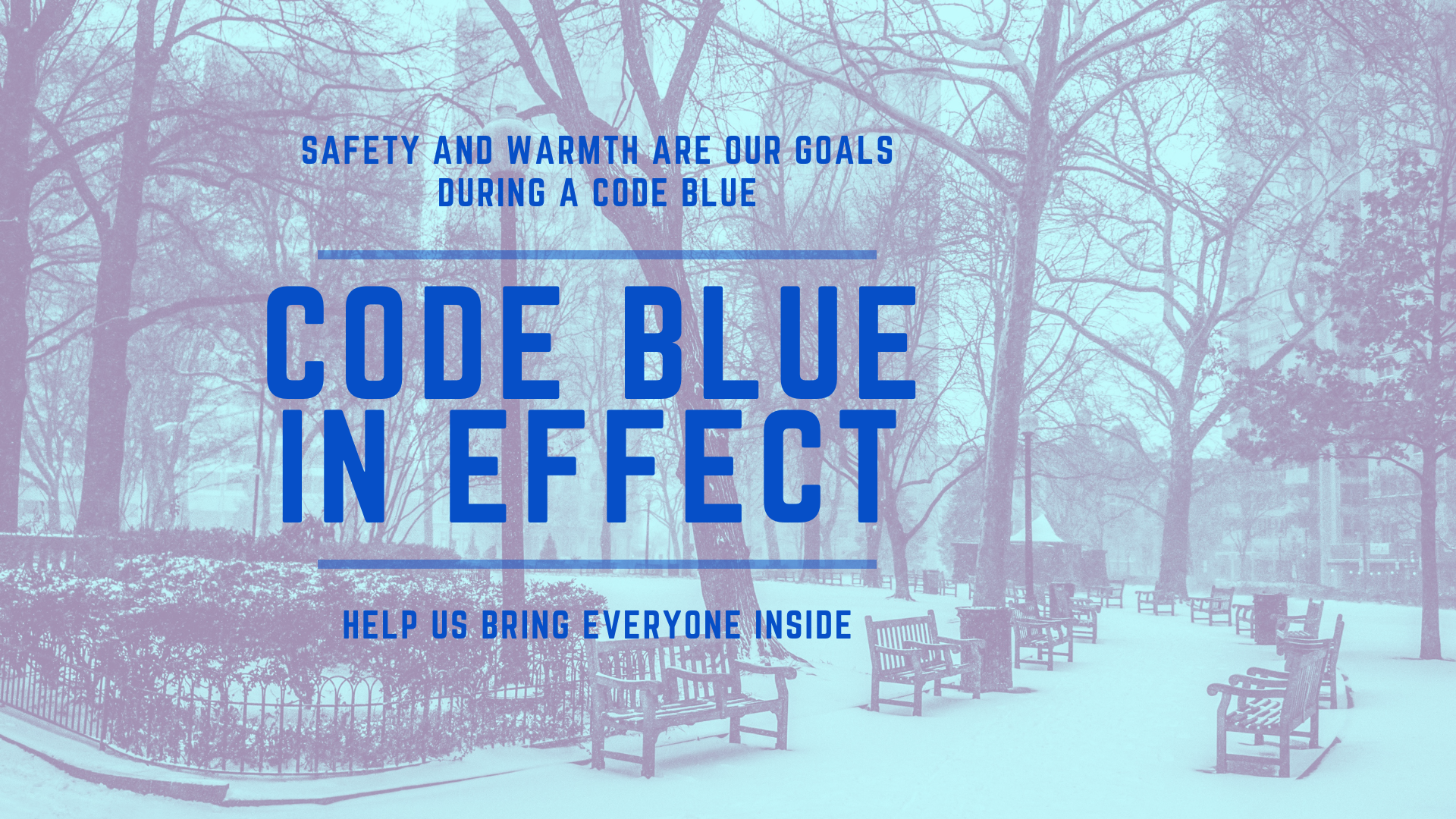 Graphic of snowy park scene with text reading code blue in effect
