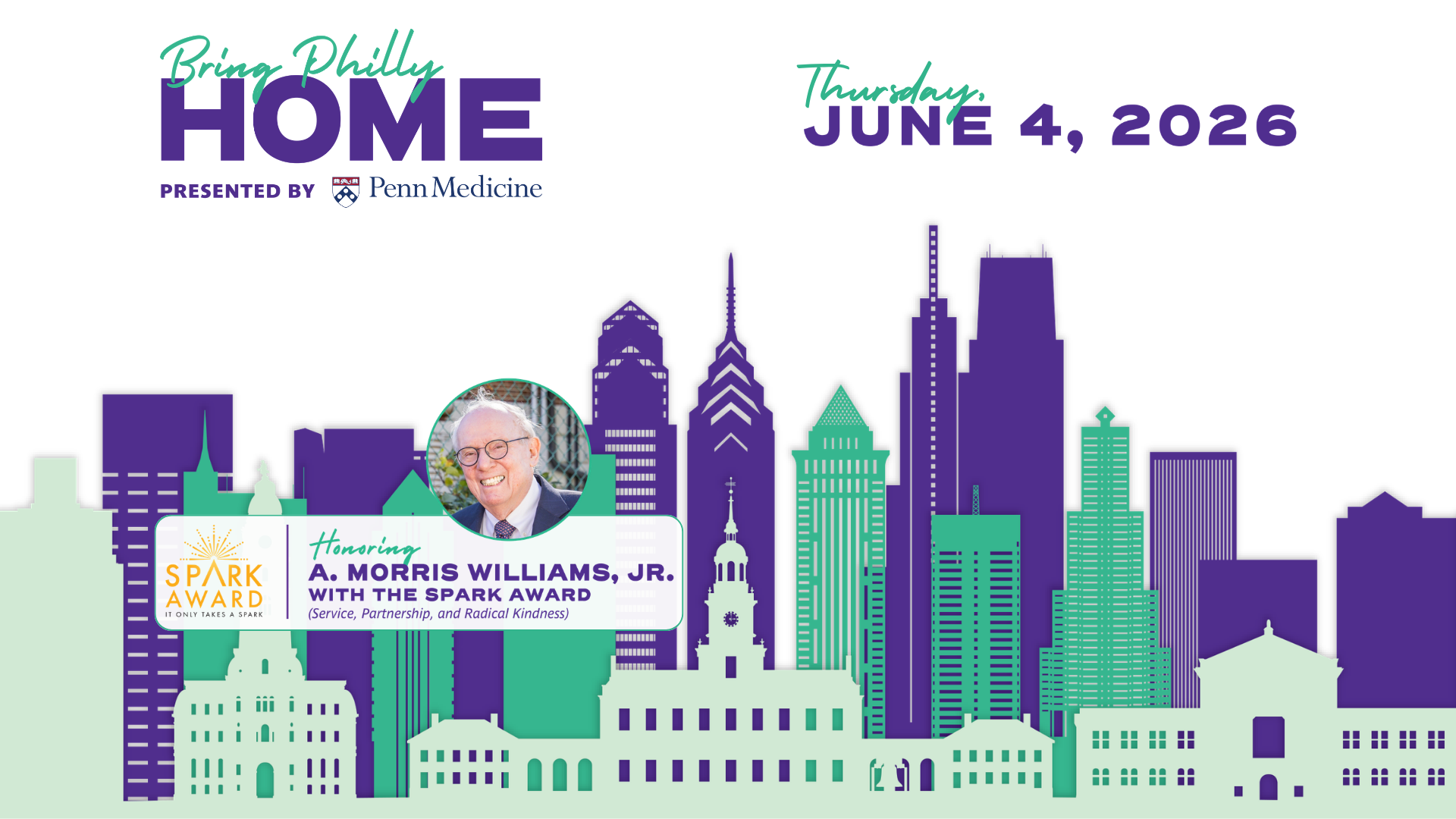 Philadelphia skyline in green and purple with the Bring Philly Home logo and date at the top