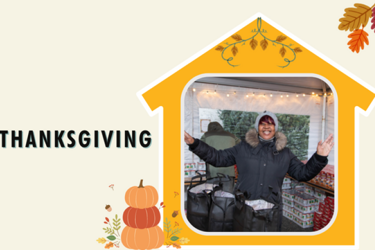 Graphic with Thanksgiving iconography and a woman smiling