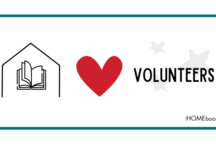 A box with the HOMebooks logo, a heart, and the word Volunteers with stars behind it. 