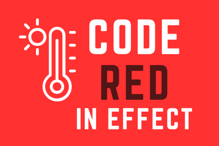 Red graphic with text that reads code red in effect